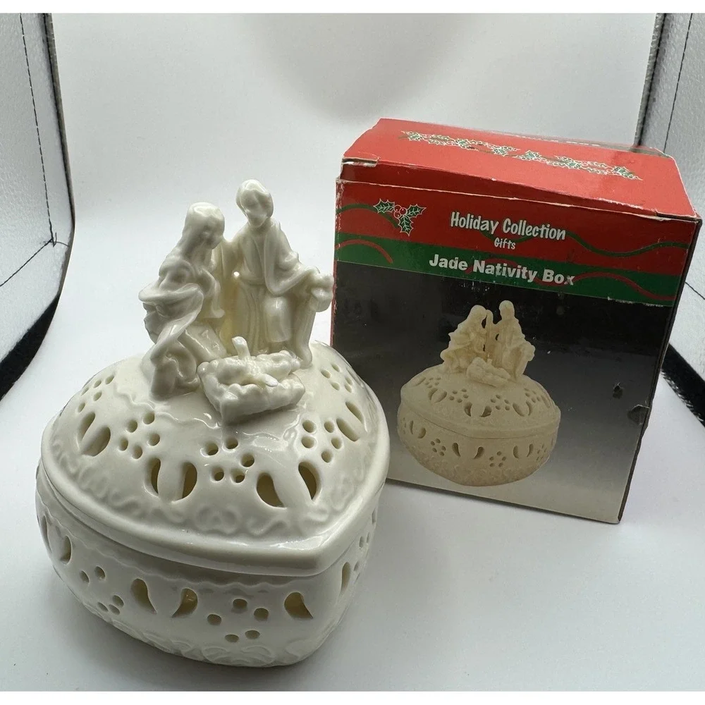 Vintage Jade Nativity Trinket Box Holy Family Jesus Mary Joseph Christmas Decor